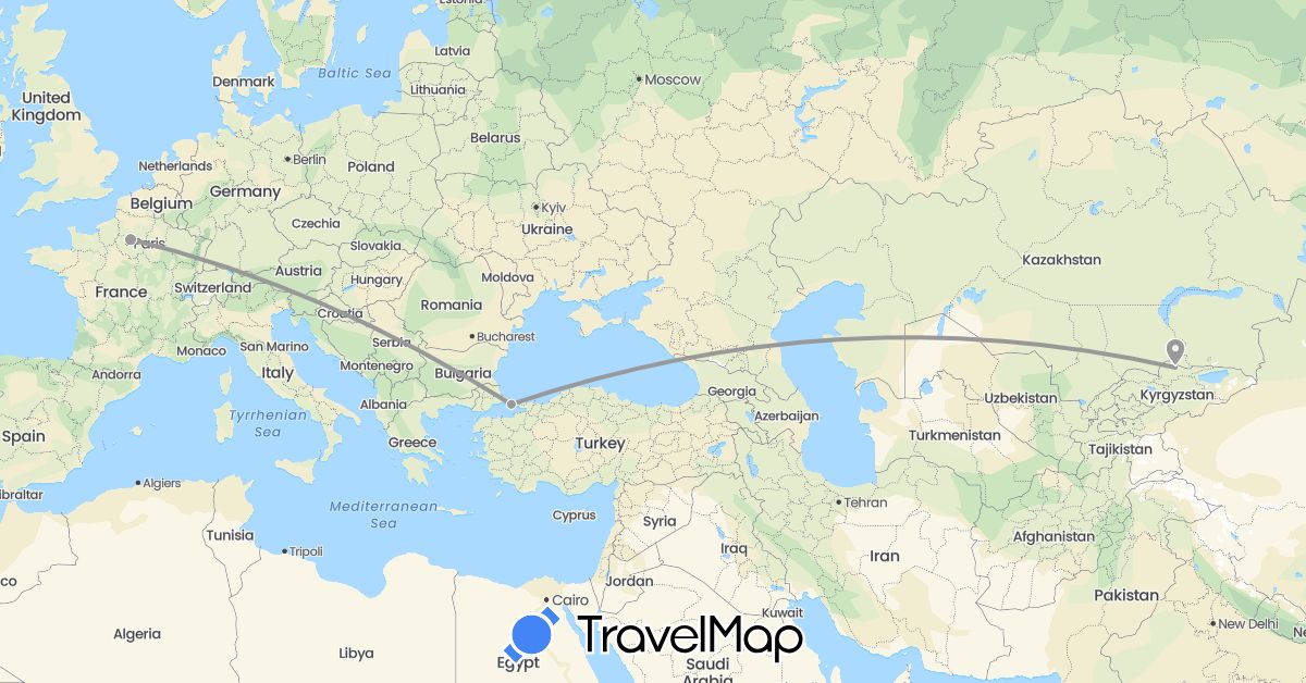 TravelMap itinerary: plane in France, Kyrgyzstan, Turkey (Asia, Europe)